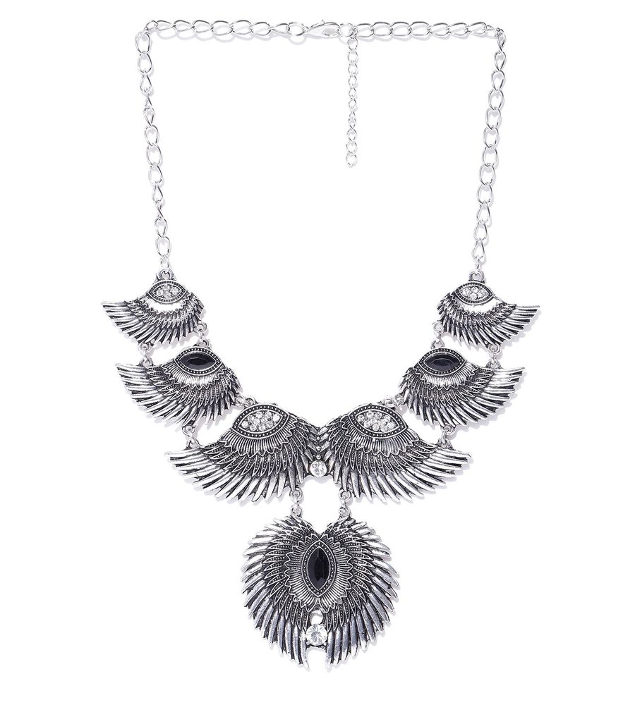 YouBella Oxidised Silver-Plated Stone-Studded Textured Necklace